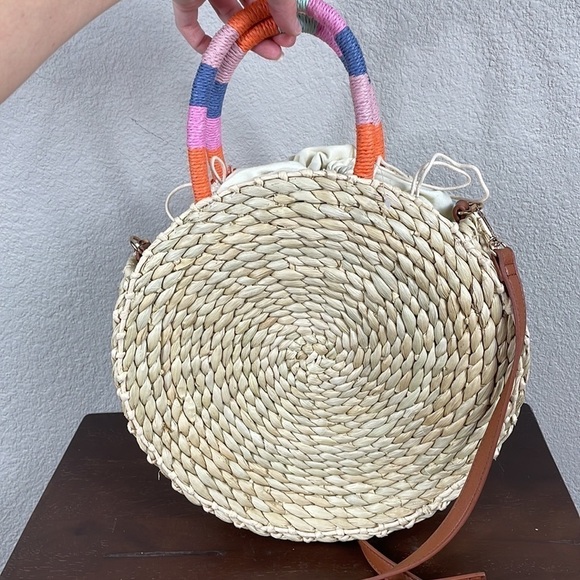 Nordstrom Joni Circular Raffia Straw Woven Bag Beach Boho Summer Tassel - Picture 8 of 15